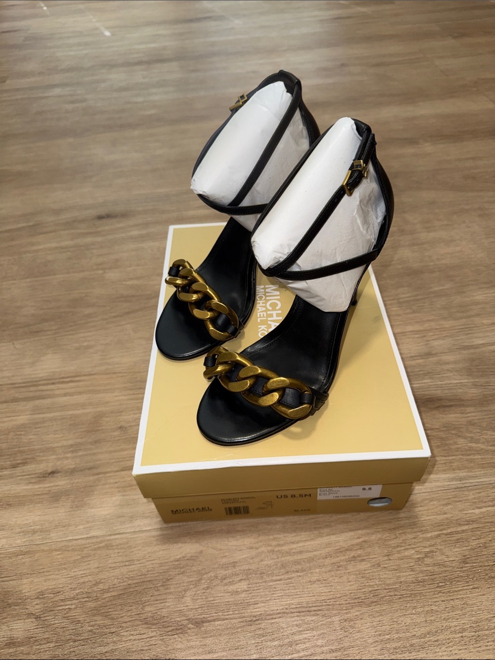 Michael Kors Black Leather Chain-Accent Ankle Strap Sandals